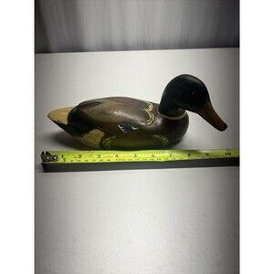 Vntg Carved Wood Mallard Duck Hand Painted Figure Glass Eyes Cabin Decor 10”
